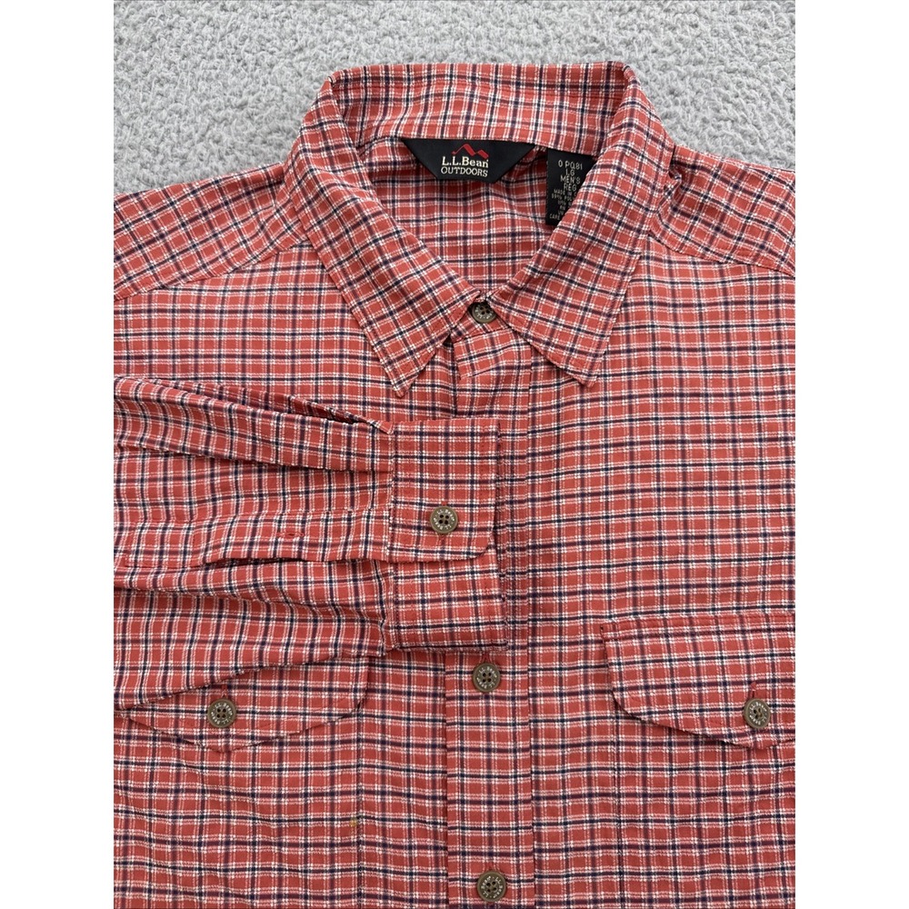 LL Bean Outdoors Shirt Mens Large Orange Plaid Vented Long Sleeve Button Up